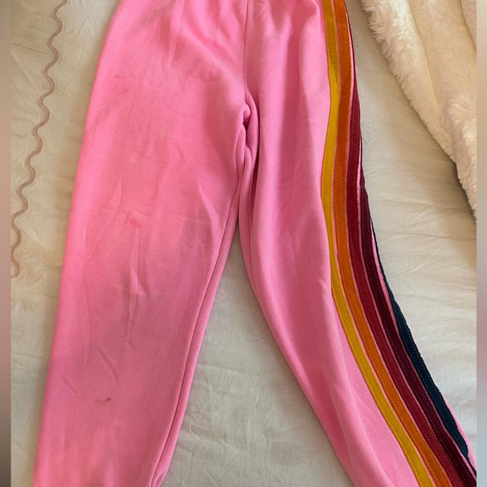 Aviator Nation Pink Sweatpants with Rainbow Stripes